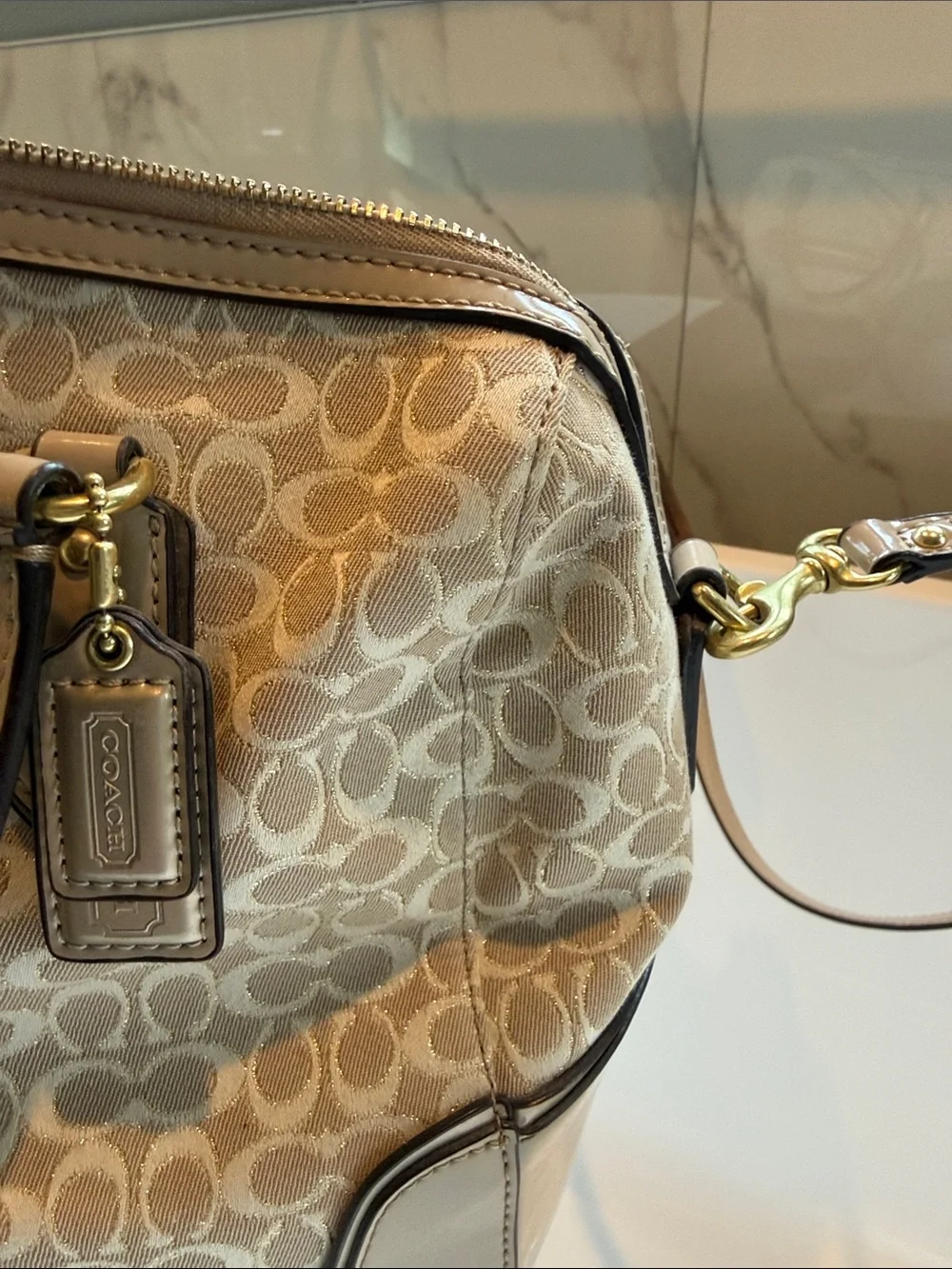 Coach Khaki and Chalk Signature Canvas Satchel